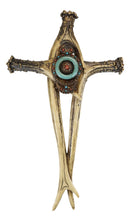 Turquoise Gemstones Ring On Intertwined Buck Deer Antlers Bone Wall Cross Decor