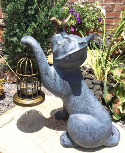 Whimsical Cat With Bird Holding Cage Lantern Candleholder Garden Statue 14.25"H