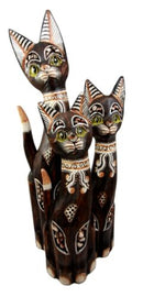 Balinese Wood Handicraft Green Eyed Feline Cat Family Set of 3 Figurines 20"H