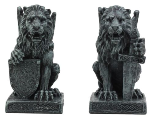 Ebros Stoic Notre Dame Roaring Lion Heart Sword & Shield Bearer Gargoyle Figurine Set