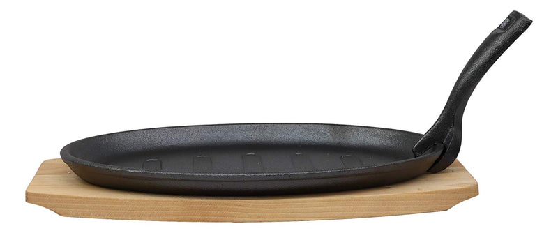 Ebros Ridged Oil Coat Cast Iron Fajita Skillet Japanese Steak Plate & Base Set 10.5"L