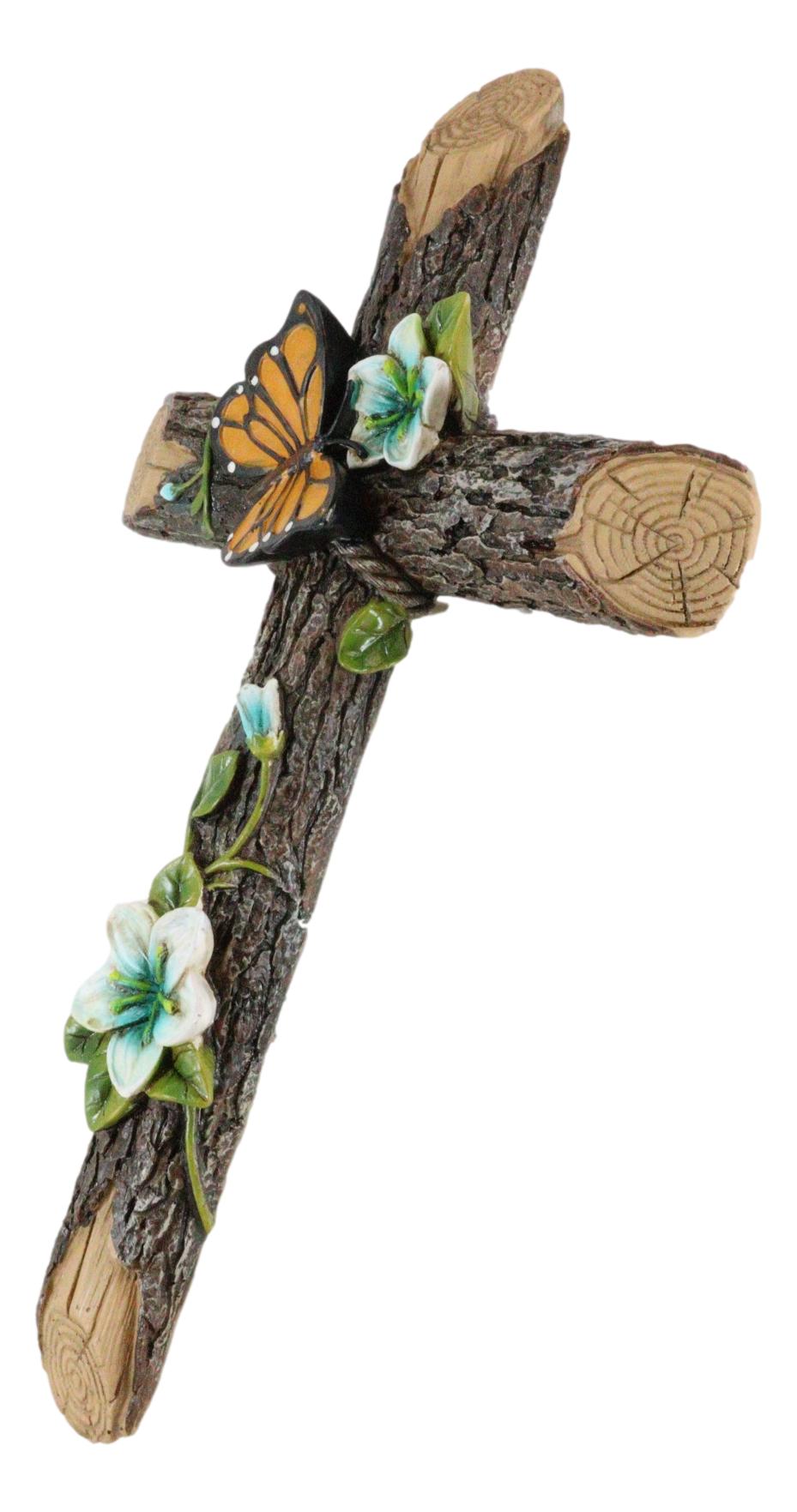 Rustic Western Butterfly Flitting On Flower Vines Faux Wooden Bark Wall Cross