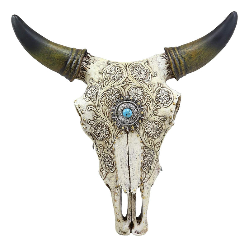 Ebros 11.5" Wide Southwest Steer Bison Buffalo Bull Cow Horned Skull Head with Lace Tooled Design and Turquoise Gem Hanging Wall Mount Flower Vase Decor - Ebros Gift