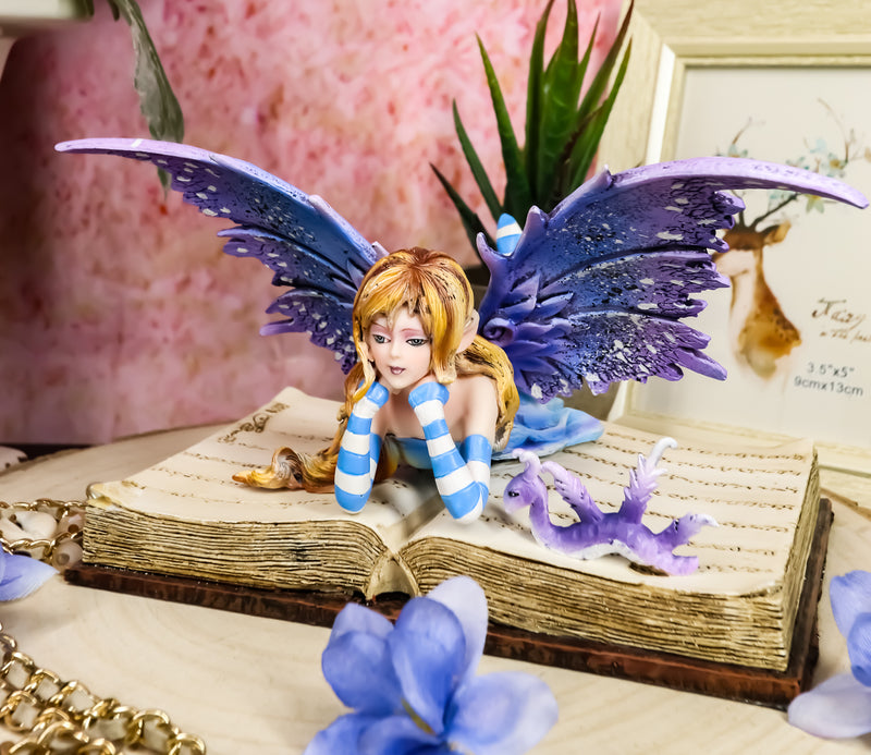 Ebros Amy Brown Purple Lavender Book Worm Fairy with Pet Dragon Statue 7.25" Long Fantasy Mythical Reading Faery FAE Magic Watercolor Collectible Decor Figurine