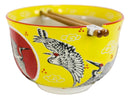 Red Flying Crane With Red Moon Ramen Noodles Soup Large 6"D Bowl With Chopsticks