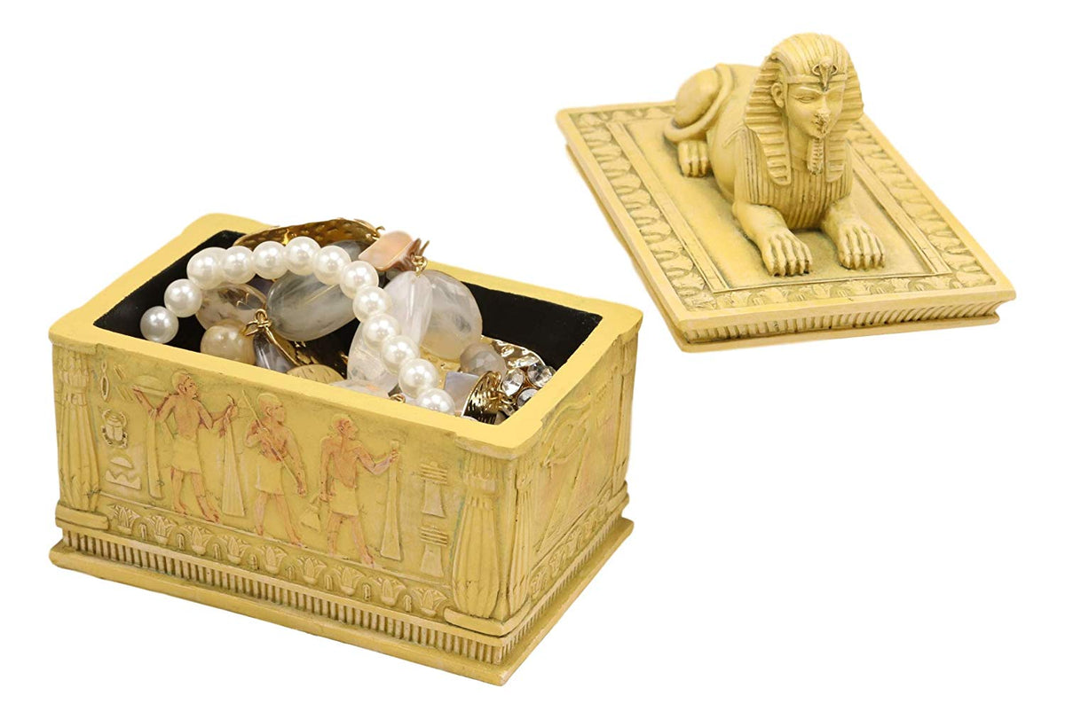 Ebros Egyptian Guardian Sphinx Decorative Rectangular Box in Sandstone Finish 4.25" Long Classical Egypt Monument Androsphinx with Hieroglyphic Deities Jewelry Trinket Box Sculpture - Ebros Gift