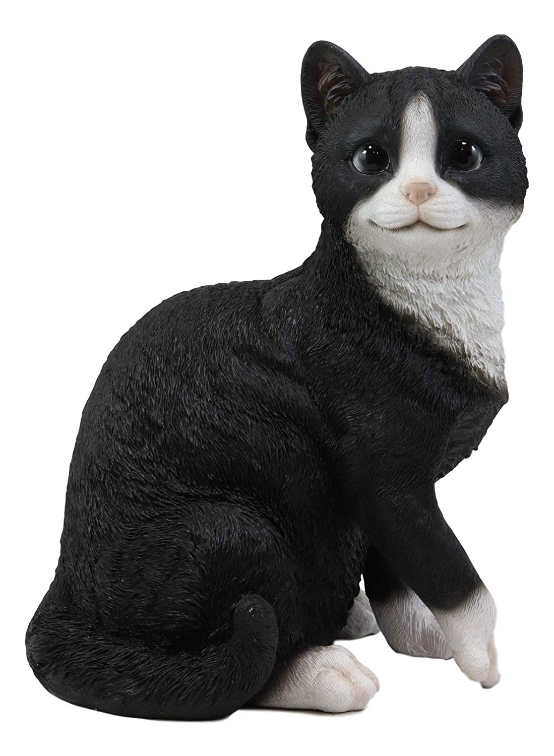 Ebros Lifelike Sitting Tuxedo Black and White Cat with Paw Up Statue 10.25" Tall Realistic Glass Eyes Hand Painted Feline Cats Kittens Kitties Animal Pet Sculpture Decor Figurine