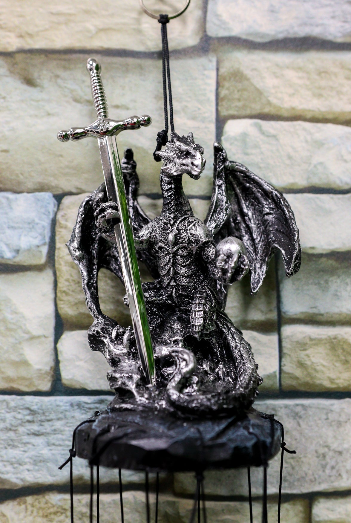 Ebros Gift Medieval Silver Dragon Holding Excalibur Sword and Orb Figurine Crown Top Resonant Wind Chime Garden Patio Home Fantasy Dungeons and Dragons Accent Decor - Ebros Gift