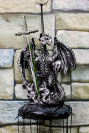 Ebros Gift Medieval Silver Dragon Holding Excalibur Sword and Orb Figurine Crown Top Resonant Wind Chime Garden Patio Home Fantasy Dungeons and Dragons Accent Decor