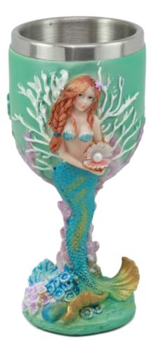 Ebros Turquoise Ocean Marine Coral Reef Mermaid With Pearl Wine Goblet