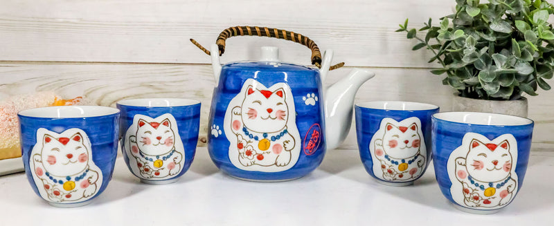 Ebros Japanese Maneki Neko Lucky Charm Cat Blue Tea Pot and Cups Set Serves 4 - Ebros Gift