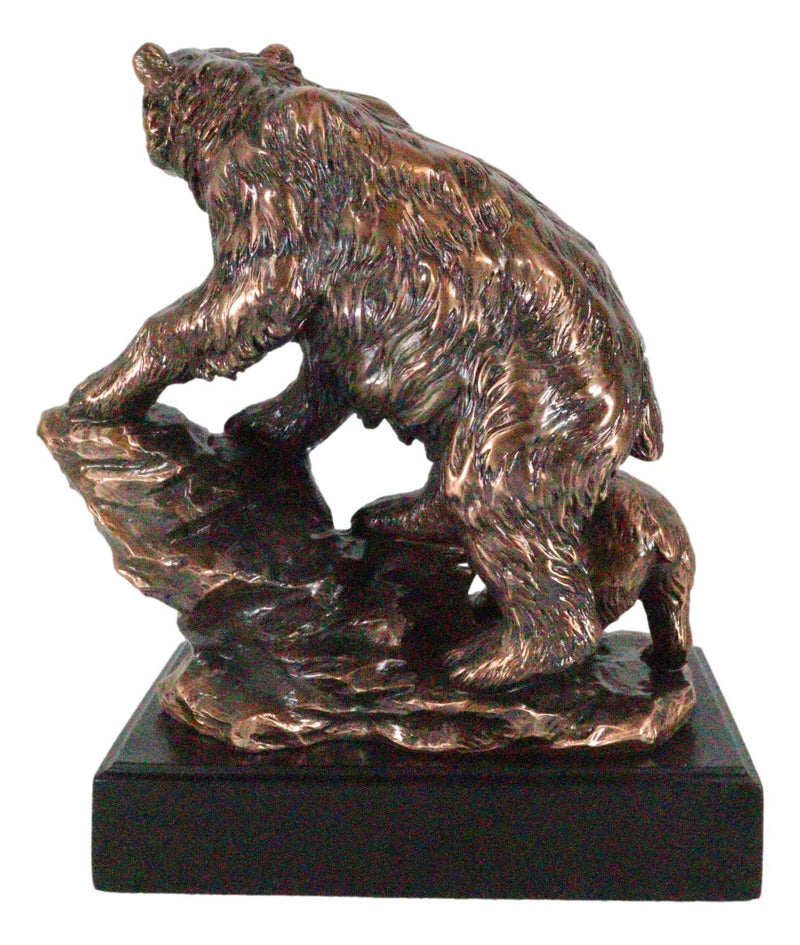Black Bear Mother With Cub Climbing Rock Bronze Electroplated Resin Statue 9"H