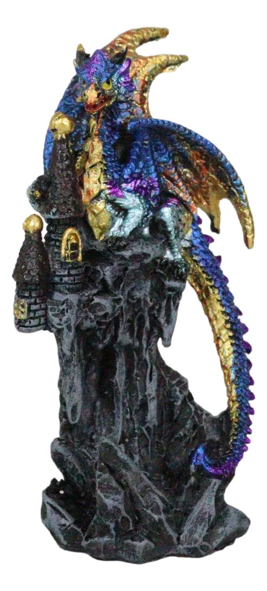 Iridescent Blue Wyrmling Dragon On Rocky Mountain Treasure Castle Top Figurine
