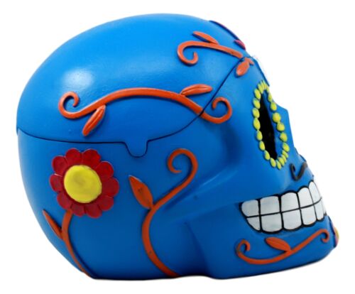 Ebros Dulce De Muerte Day of The Dead Blue Sugar Skull Ashtray Tribal Tattoo Skull Jewelry Box Figurine 6"Long