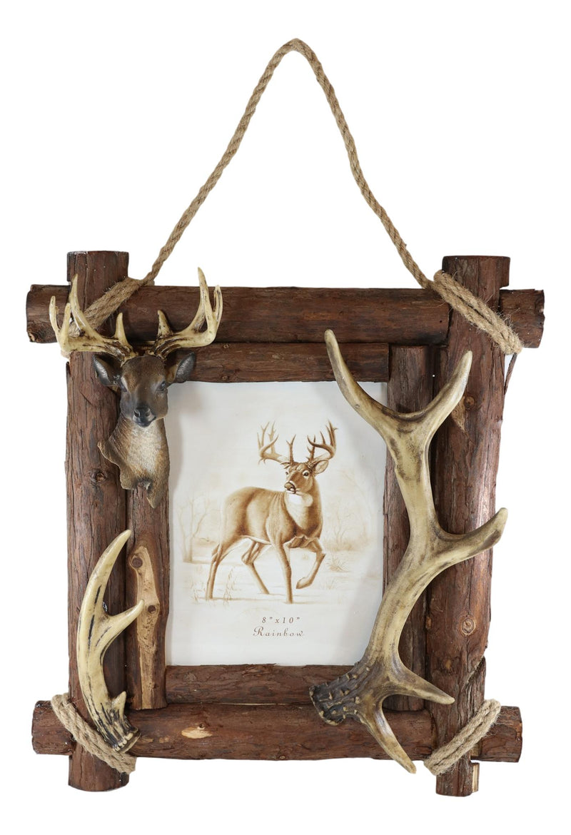 Large Rustic Buckhorn Stag Deer Antlers With Wooden Logs 8"X10" Photo Frame
