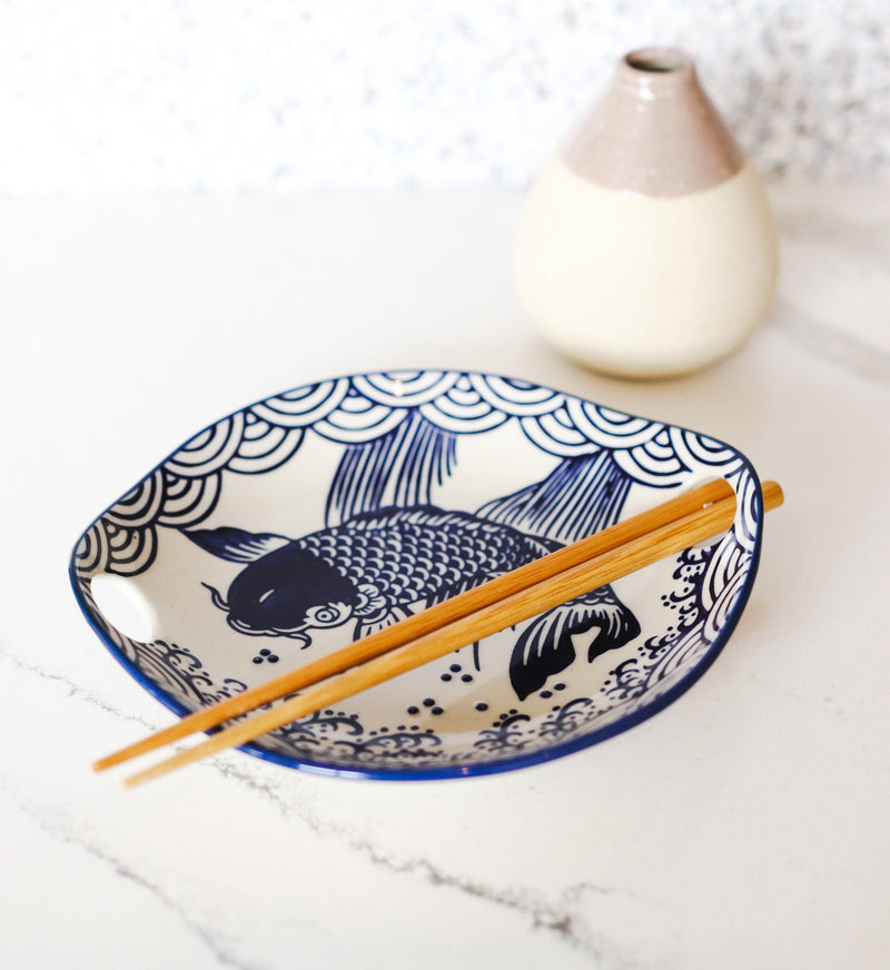 Blue White Koi Fish Small Appetizer Coupe Plate Flat Bowl With Chopsticks Set