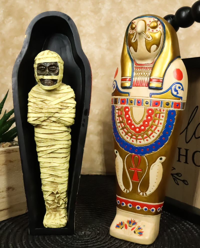 Egyptian Golden Horus King Tut Sarcophagus With Mummy Insert Figurine 3pc Set