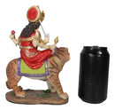 Hindu Goddess Durga Wearing Red Sari Riding On Tiger Figurine 8.5" Tall Statue