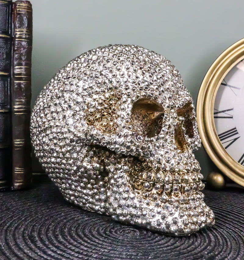 Ebros Gift Realistic Chrome Silver Bead Stone Bling Skull Figurine 6.25" L