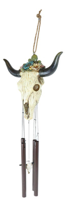 Southwest Rustic White Faux Wood Cow Skull With Floral Succulents Wind Chime