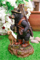 Rustic Black Bear Carrying Backpack Binoculars Shotgun With Hunting Dog Figurine