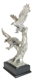 Large King Of The Skies Electroplated Silver Bald Eagles Taking Flight Statue