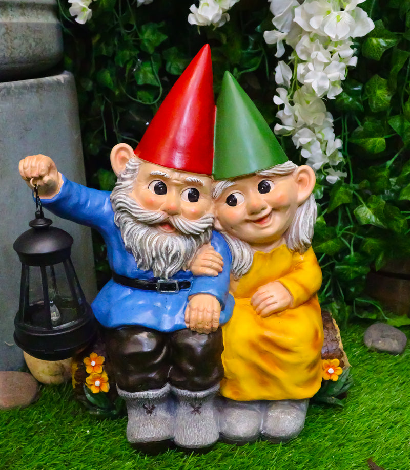 Ebros Large Mr and Mrs Gnome On Tree Log Solar LED Lantern Light Statue 13.5"H