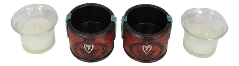 Set Of 2 Western Cowgirl Love Heart Scrollwork Faux Leather Votive Candle Holder