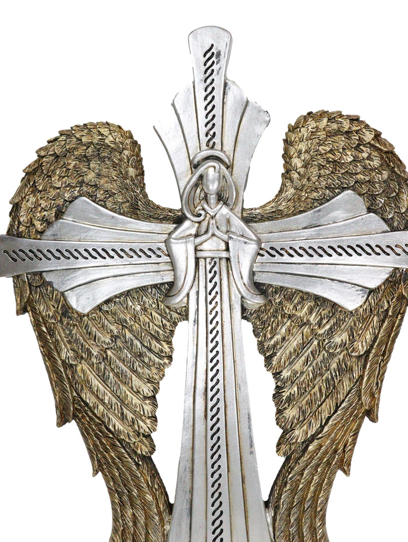 Rustic Western Faux Tooled Silver Praying Angel With Golden Wings Wall Cross