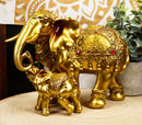 Noble Golden Decorated Elephant Embracing Calf Buddha Figurine Sculpture