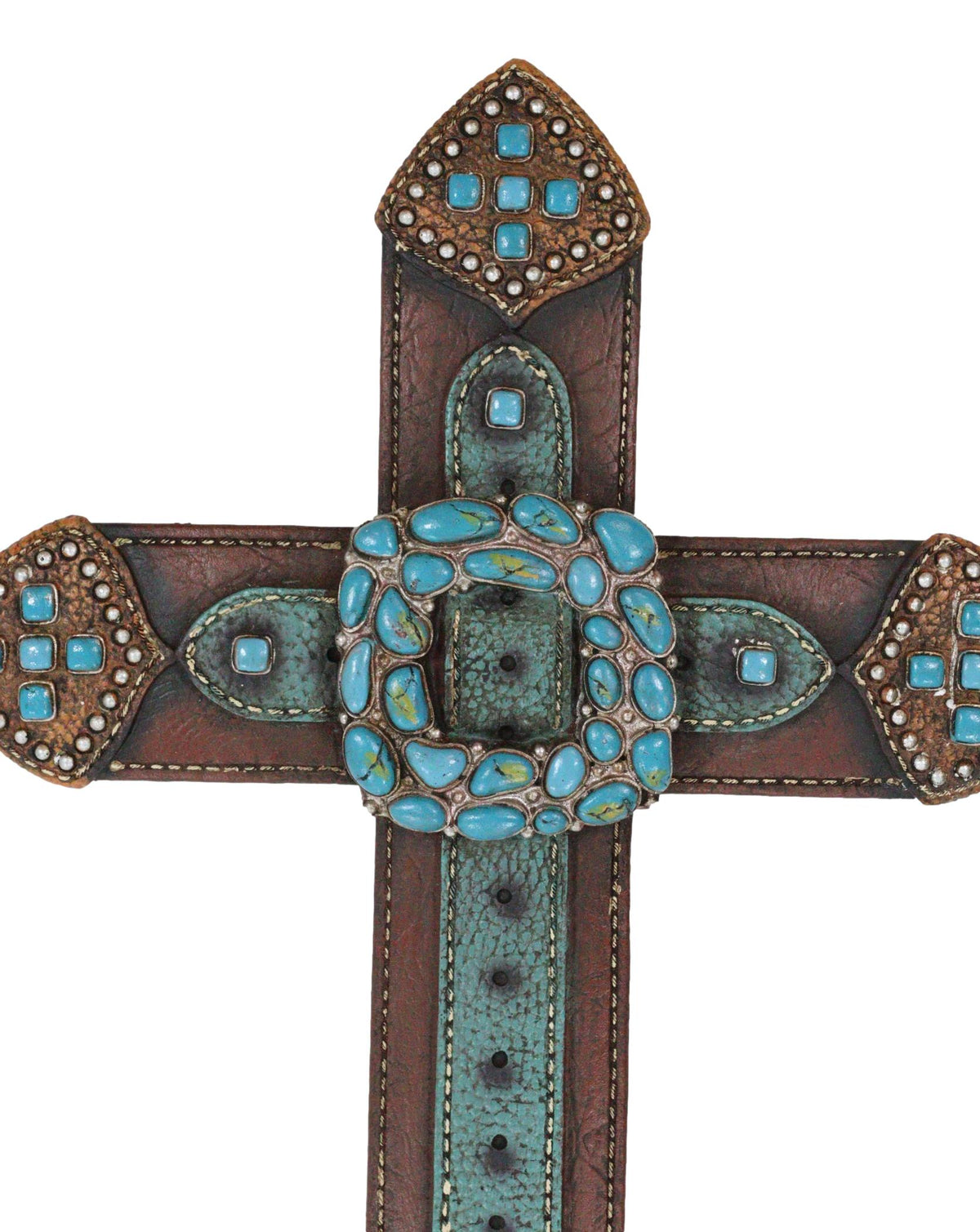 20" H Rustic Western Cowboy Faux Leather Turquoise Rocks Belt Buckle Wall Cross