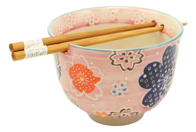 Pink Spring Floral Blossoms Ramen Noodles Soup Bowl With Bamboo Chopsticks Set