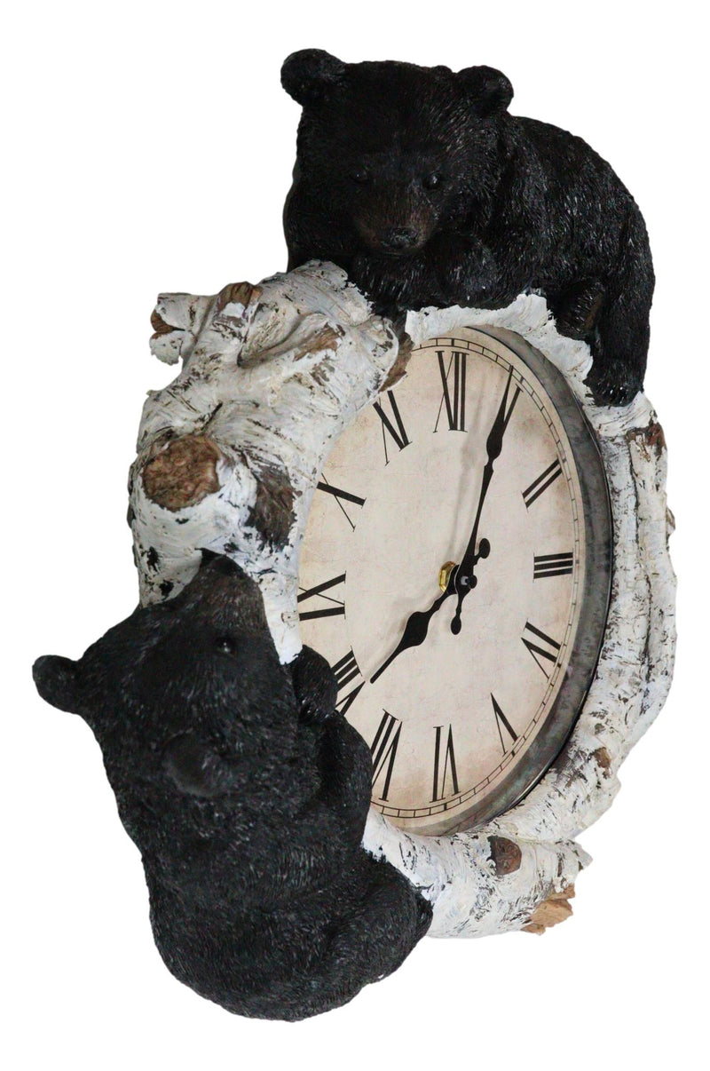 Rustic Western Forest Black Bear Cubs Climbing Birchwood Branch Resin Wall Clock