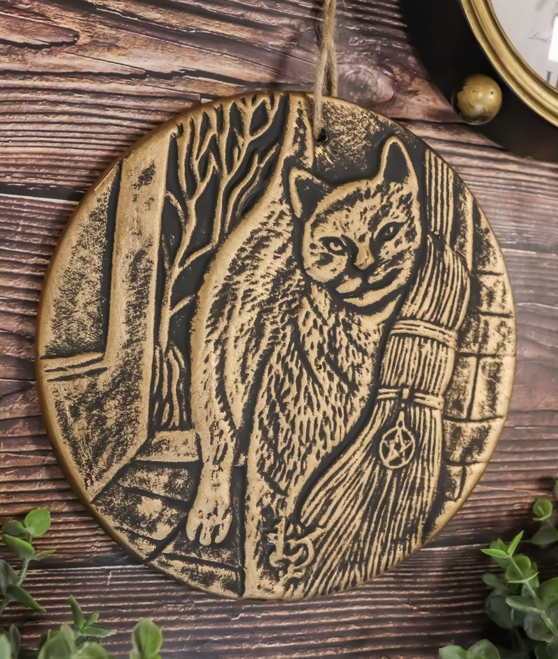 A Brush with Magick Feline Cat With Broomstick Terracotta Medallion Wall Decor