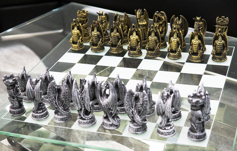 Ebros Silver Gold Fantasy Dungeons And Dragons Resin Chess Pieces With Glass Board Set