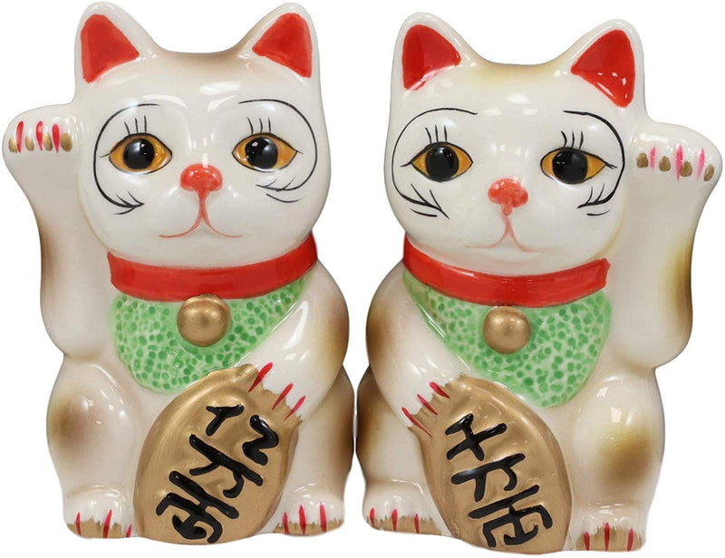Ebros Ceramic Japanese Maneki Neko Salt And Pepper Shakers Magnetic Cat 3.5"Tall