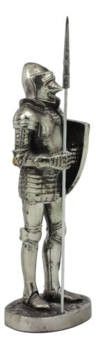 Ebros Armored Guard Halberdier Knight with Pole Spear and Shield Statue Electroplated Silver Resin Suit of Armor Pikeman Medieval Renaissance Decor Figurine - Ebros Gift