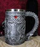 Large Silver Celtic Twin Dragon Fire Drakes Coffee Mug Beer Stein Tankard 14oz