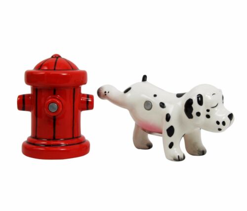 Ebros Peeing Dalmatian & Fire Hydrant Ceramic Salt Pepper Shaker Magnetic Set Figurine