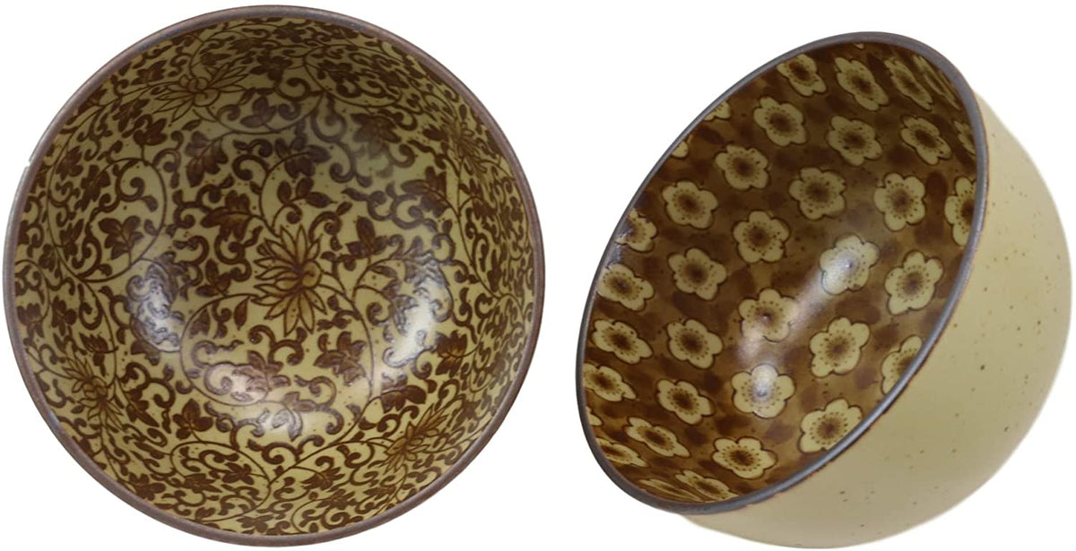 Ebros Made in Japan Tan Floral Ochawan Rice Soup Salad Porcelain Bowls Set of 4 - Ebros Gift