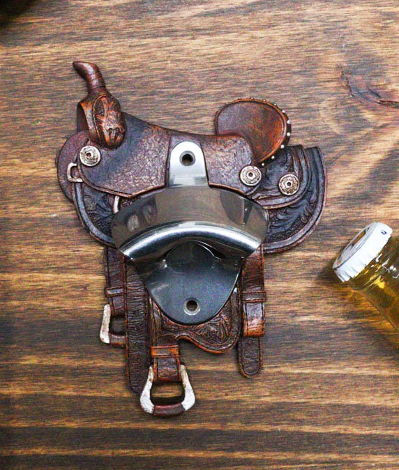 Vintage Rustic Western Cowboy Horse Saddle Wall Beer Bottle Cap Opener Figurine