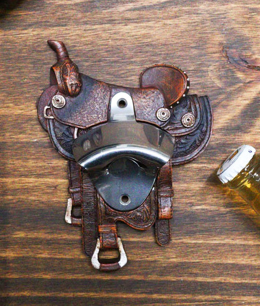 Vintage Rustic Western Cowboy Horse Saddle Wall Beer Bottle Cap Opener Figurine