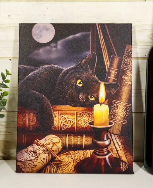 Witching Hour Black Cat By Candle And Spellbooks Wood Framed Canvas Wall Decor - Ebros Gift