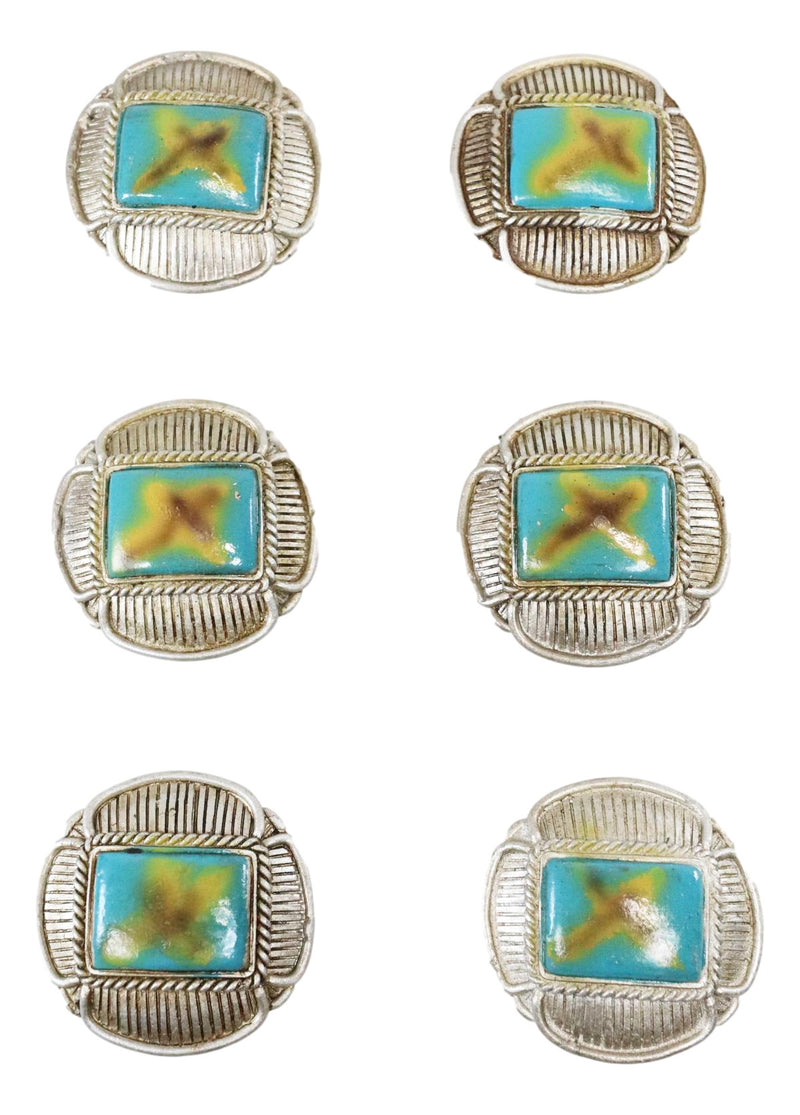 Set Of 6 Western Rustic Turquoise Silver Ropes Cross Cabinet Door Pull Knobs
