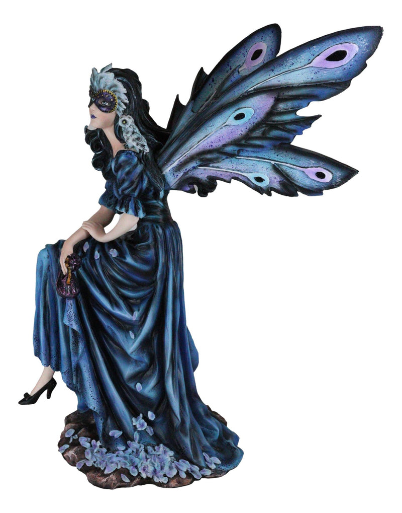 Large Iridescent Winged Peacock Train Blue Masquerade Fairy With Owl Statue