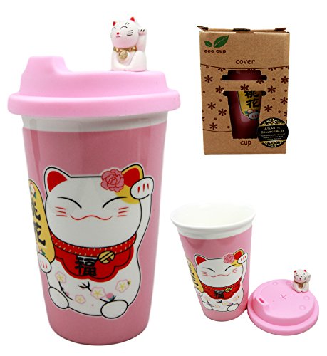 Ebros Gift Lucky Cat Maneki Neko Ceramic Tall Drink Mug Cup With Silicone Lid (Pink)