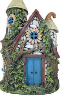 Fairy Garden LED Light Up Cottage Stone House With 2 Roofs Blue Door Figurine