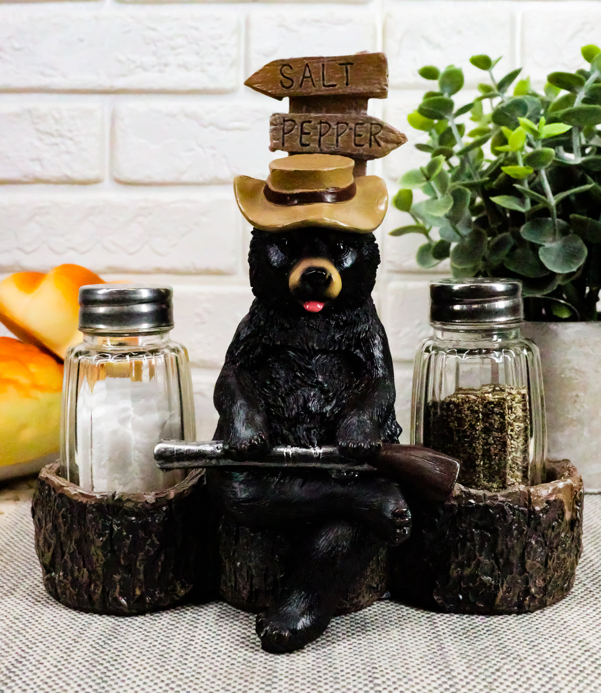 Ebros Western Papa Bear With Shotgun Salt And Pepper Shakers Holder Figurine - Ebros Gift