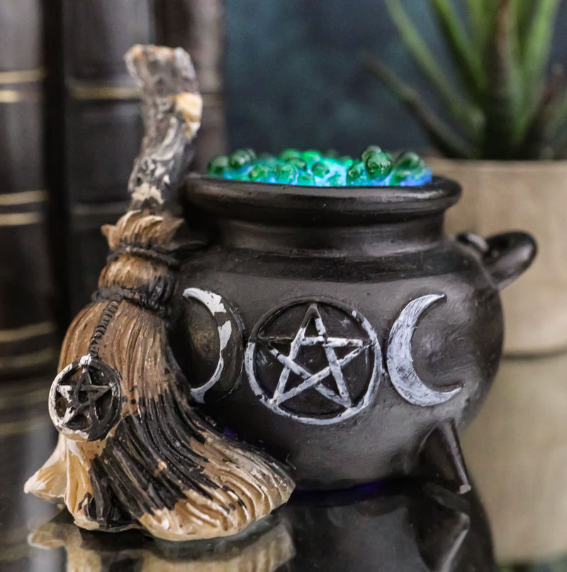 Wicca Triple Moon Goddess Pentagram LED Cauldron And Broomstick Mini Figurine