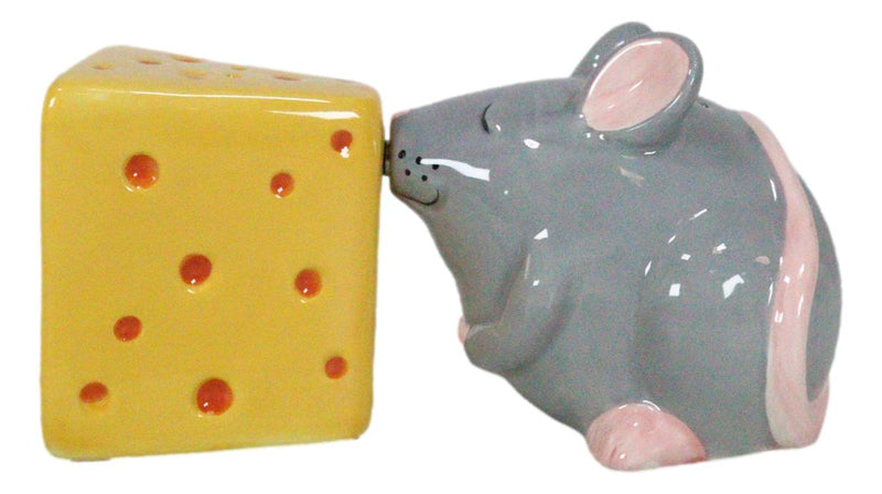 Grey Rat Mouse And Cheddar Cheese Block Ceramic Salt And Pepper Shakers Set